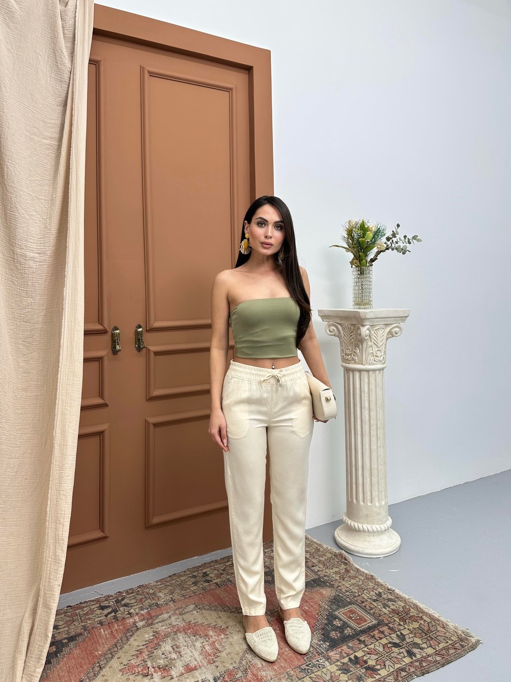 Bel Lastikli Jogger Krem Pantolon