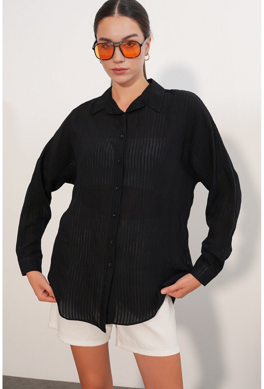 Kadın Çizgili Oversize Gömlek 20409