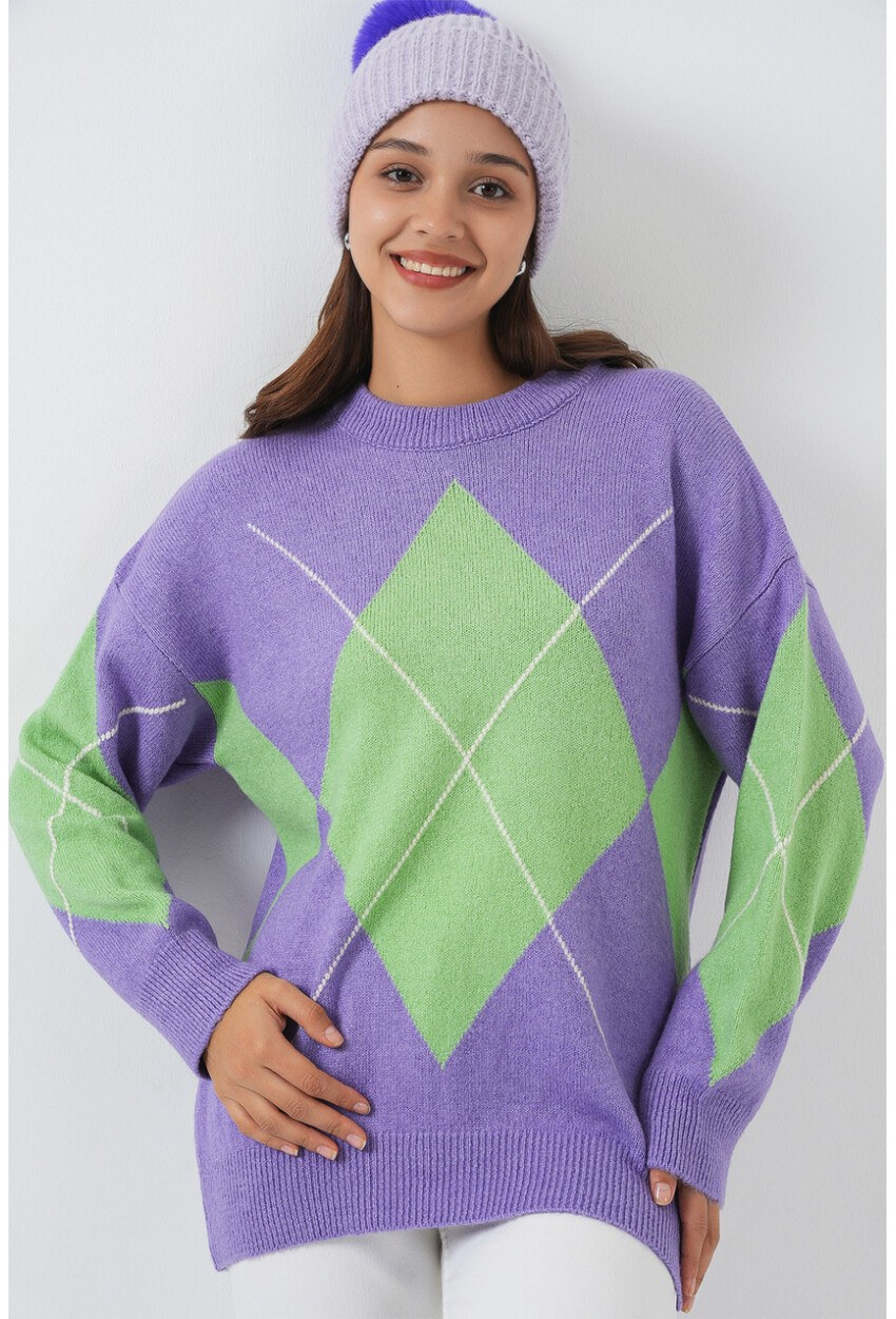 15895 Baklava Desenli Oversize Triko Kazak