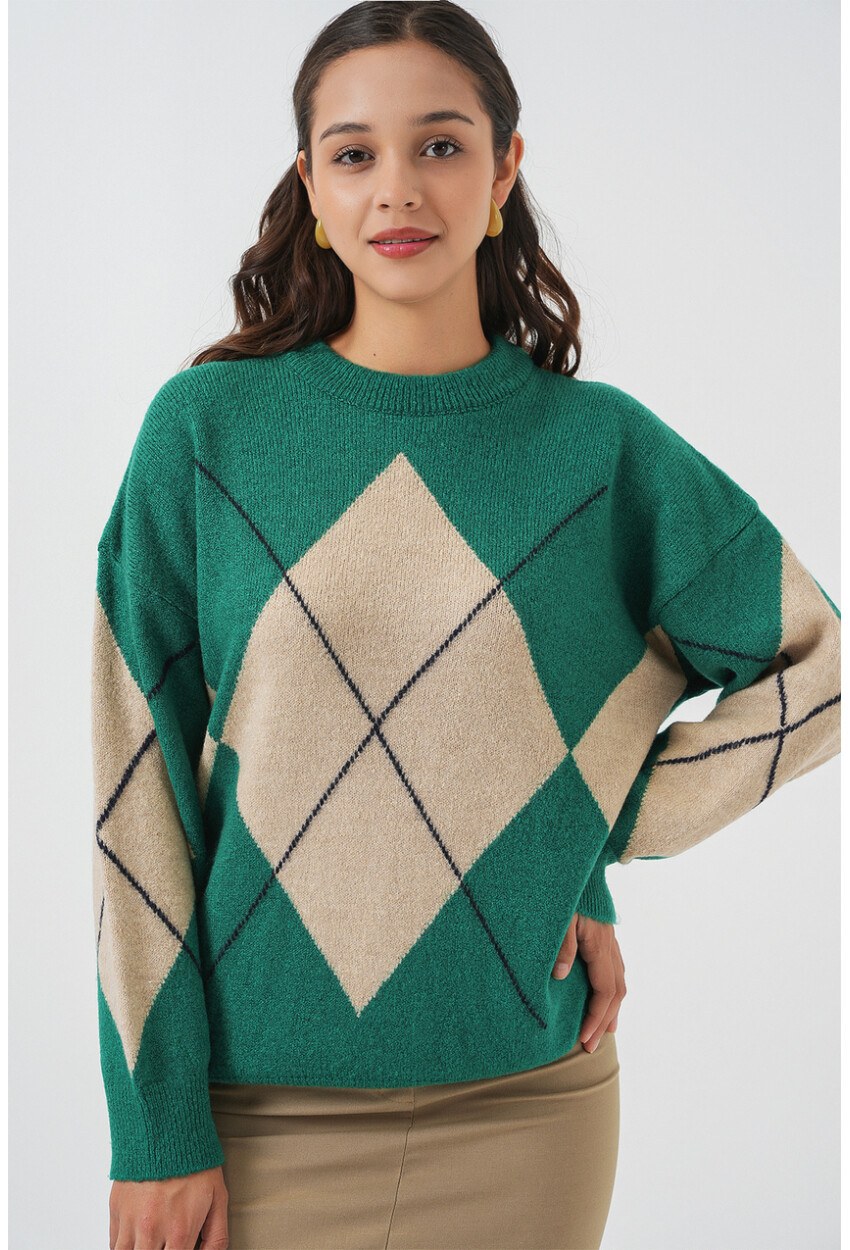 15895 Baklava Desenli Oversize Triko Kazak