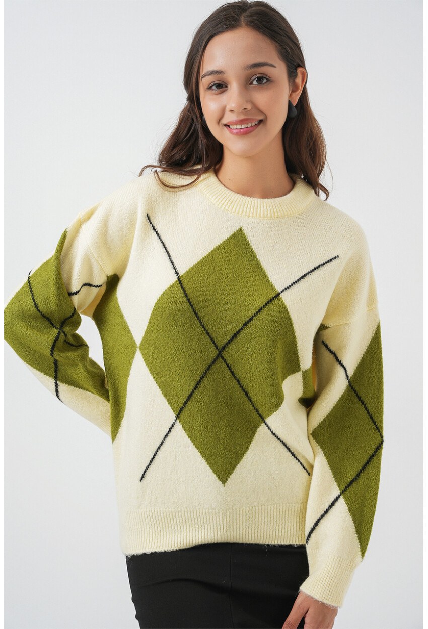 15895 Baklava Desenli Oversize Triko Kazak