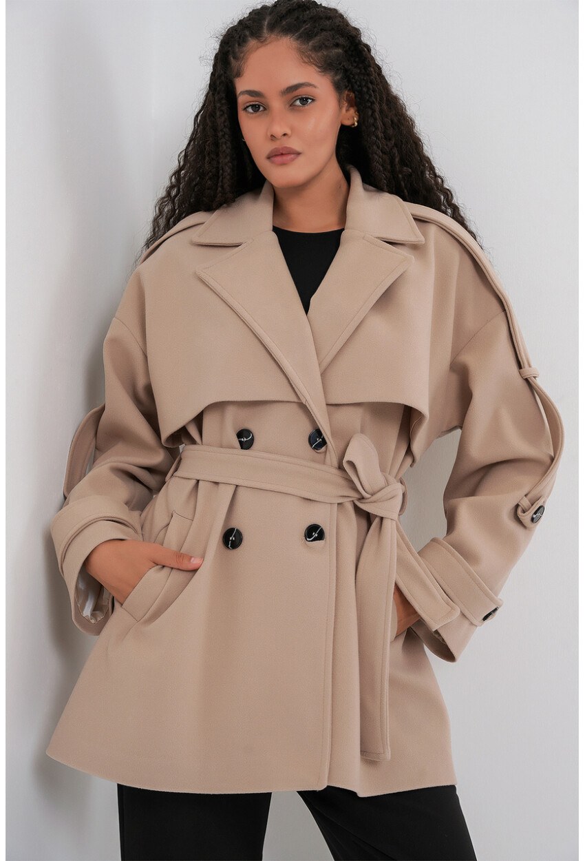Kadın Kuşaklı Oversize Kaşe Kaban 9157