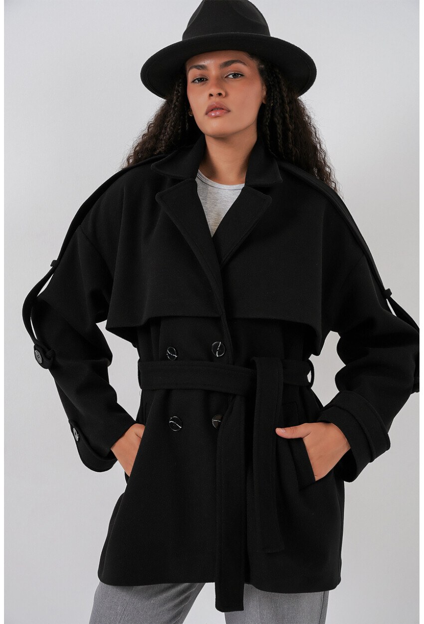 Kadın Kuşaklı Oversize Kaşe Kaban 9157