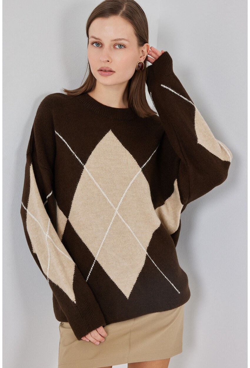 15895 Baklava Desenli Oversize Triko Kazak