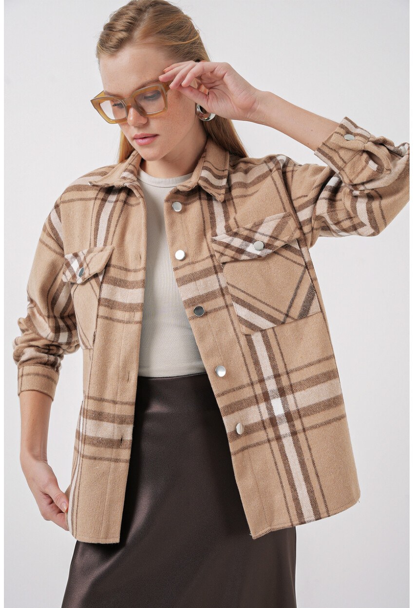 Kadın Ekose Desen Oversize Oduncu Gömlek 3854