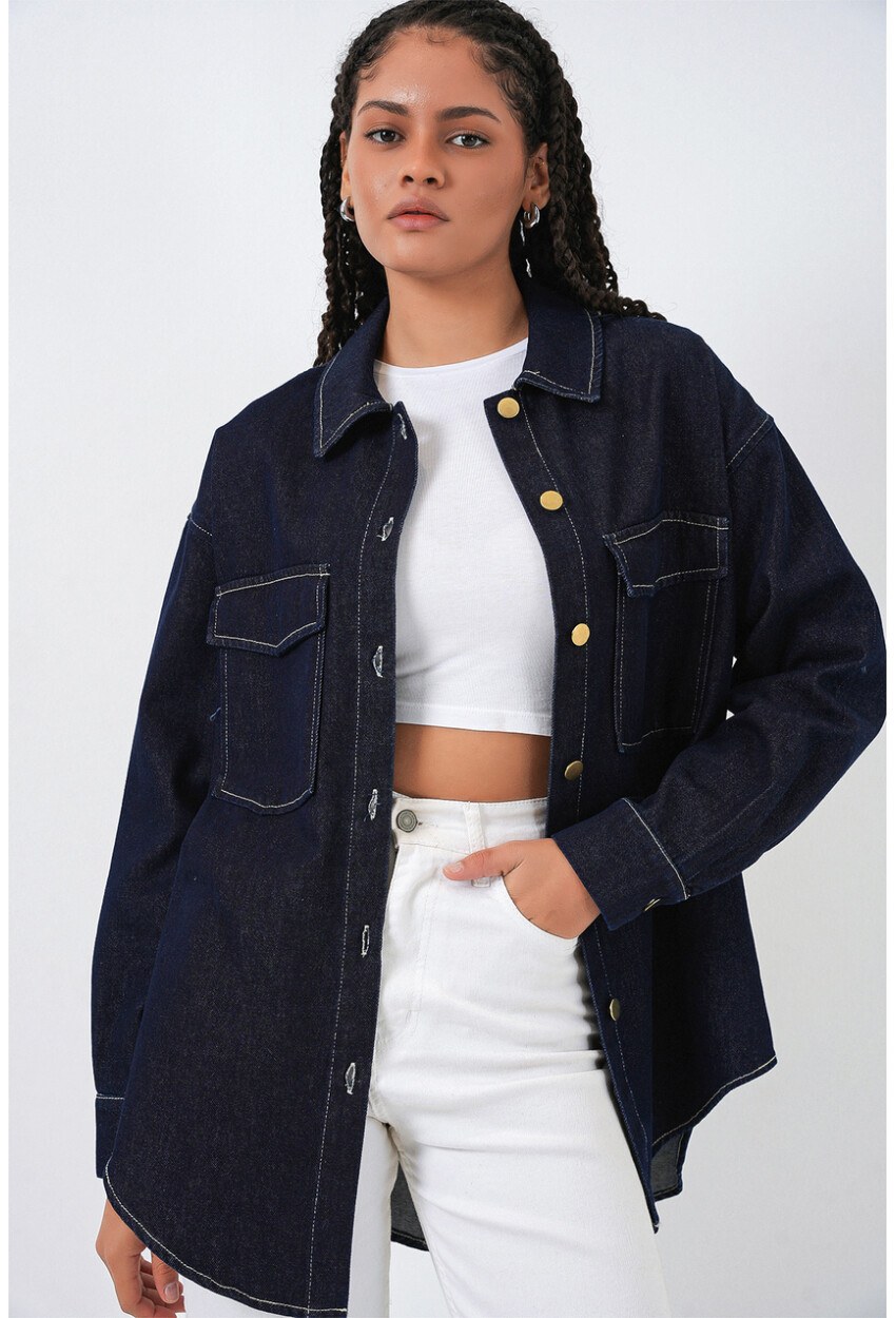 Kadın Oversize Çift Cepli Kot Gömlek 20364