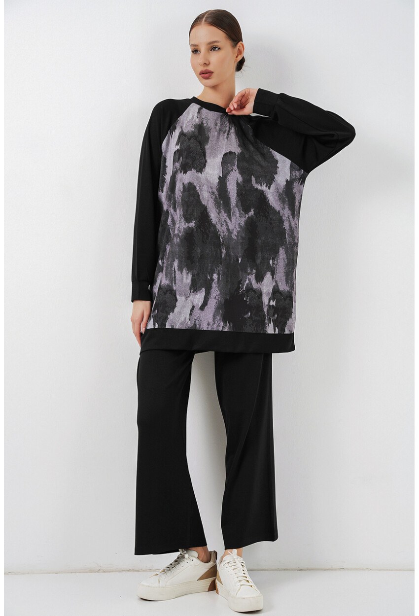 Kadın Desenli Oversize Tunik Pantolon İkili Takım 55462