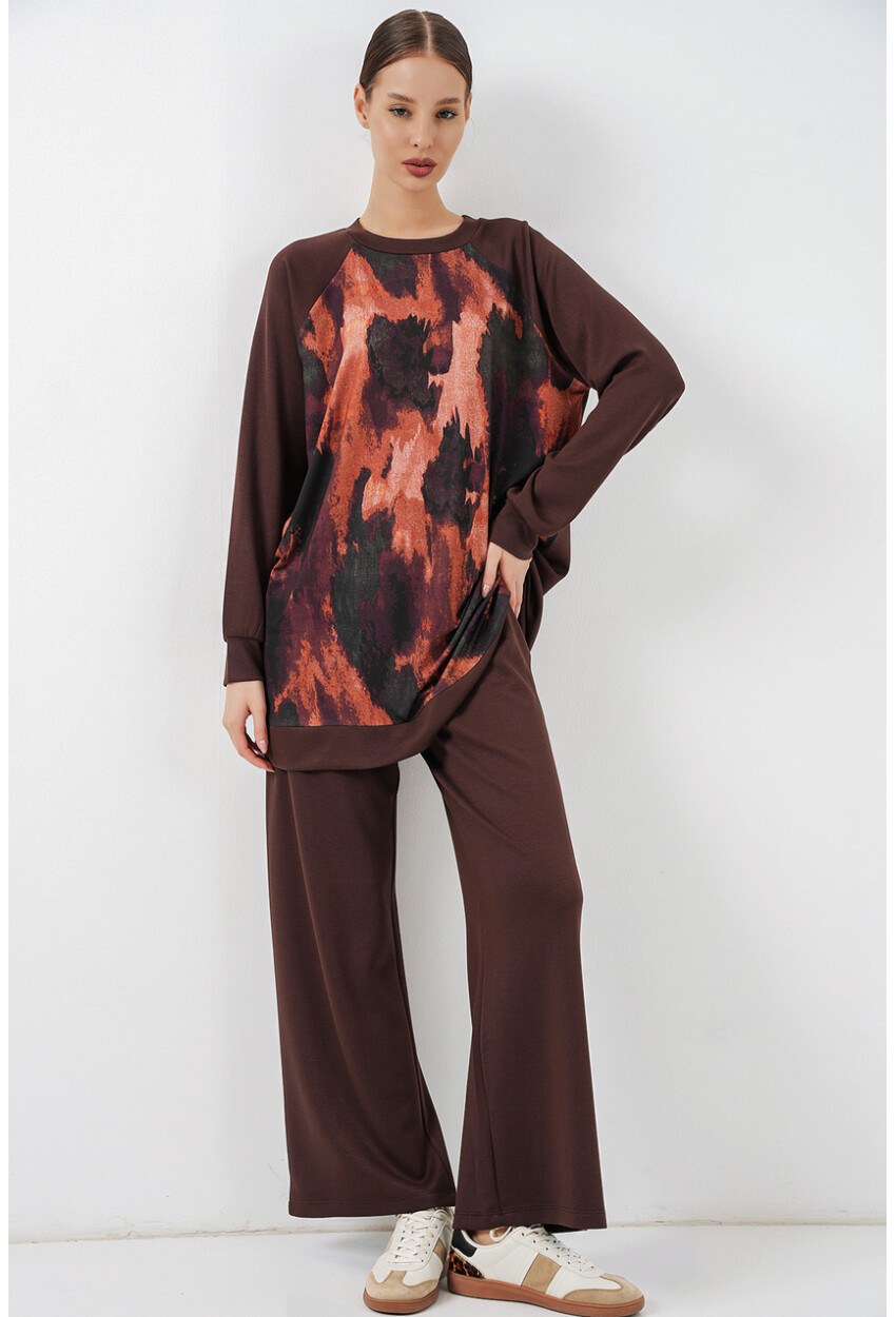 Kadın Desenli Oversize Tunik Pantolon İkili Takım 55462