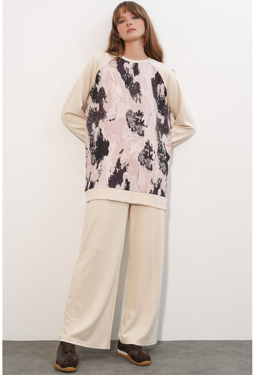 Kadın Desenli Oversize Tunik Pantolon İkili Takım 55462