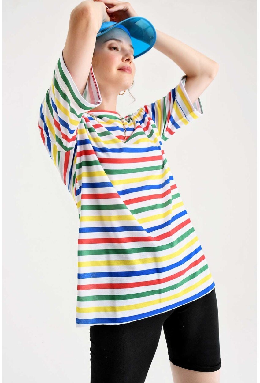 4169 Çizgili Yanı Yırmaçlı T-Shirt