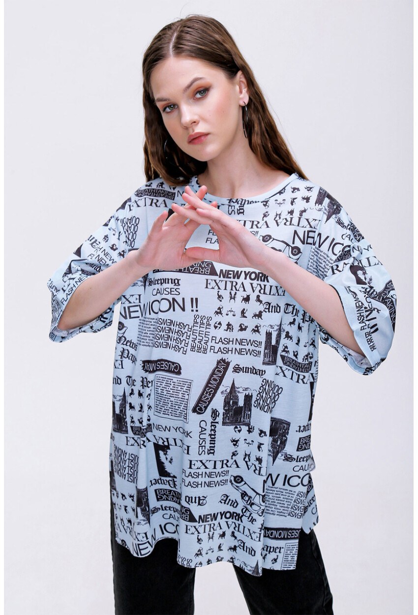 4299 Gazete Baskılı Oversize Tshirt