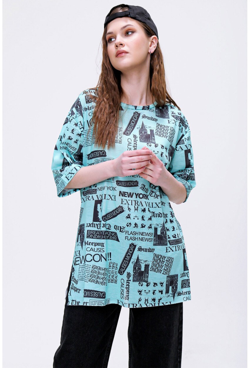 4299 Gazete Baskılı Oversize Tshirt