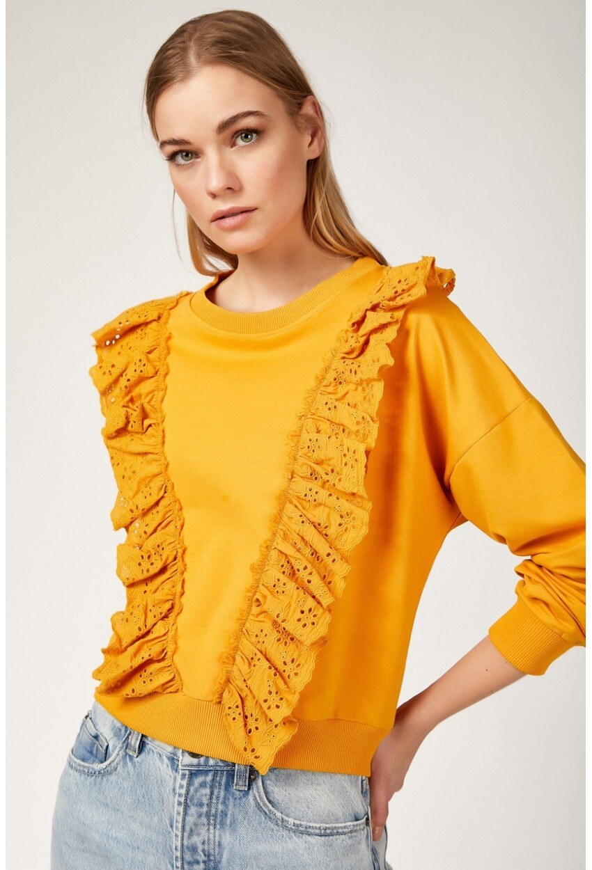 4119 Volan Gübür Detaylı Crop Sweat Bluz