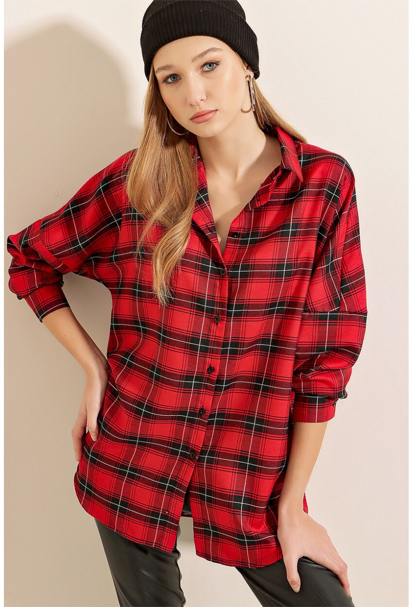 3984 Ekose Oversize Kırmızı Gömlek