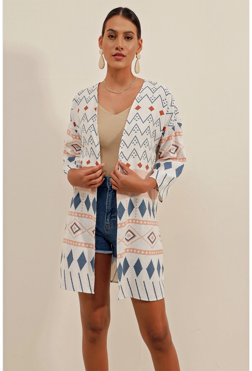 5896 Desenli Keten Kimono