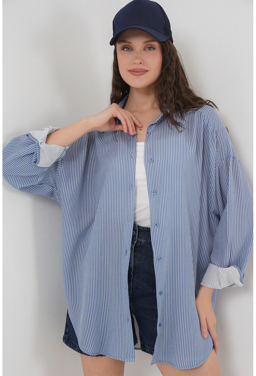 Kadın Çizgili Oversize Gömlek 20295