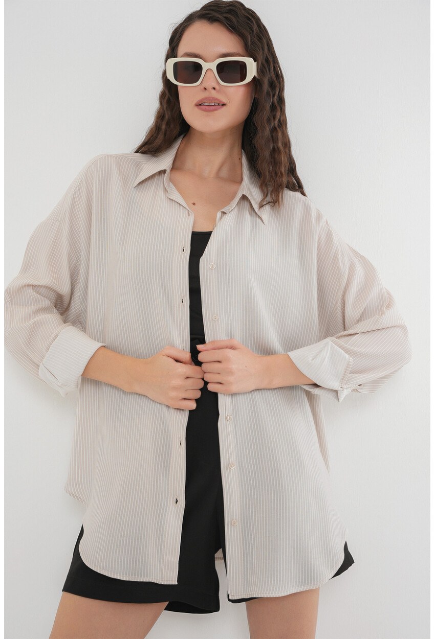 Kadın Çizgili Oversize Gömlek 20295