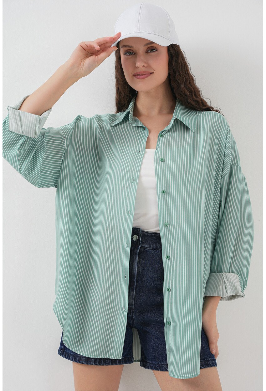 Kadın Çizgili Oversize Gömlek 20295