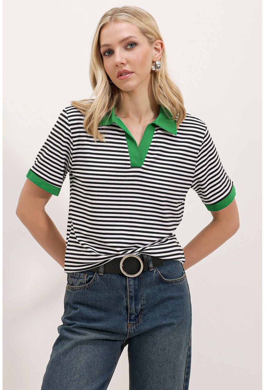0499 Polo Yaka Çizgili Tişört