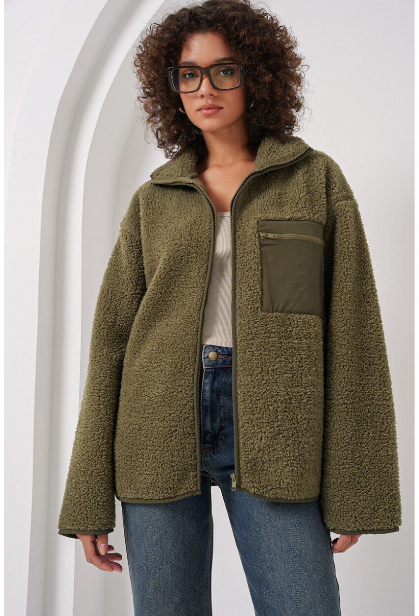 55446 Fermuarlı Oversize Peluş Ceket Mont