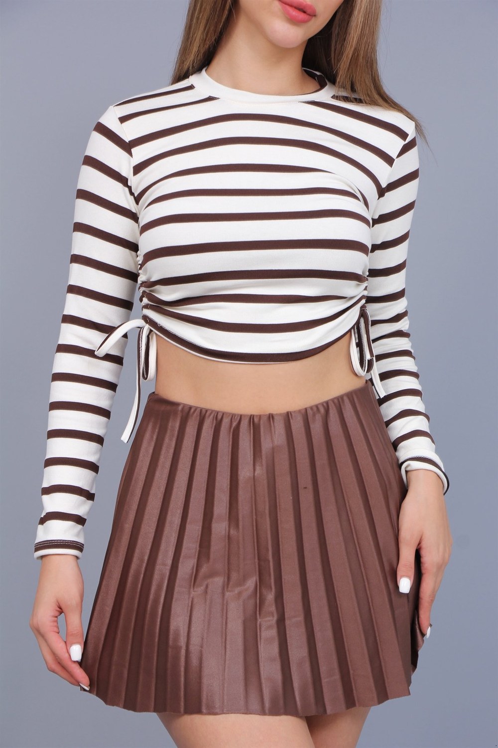 Yan Büzgülü Çizgili Crop Buluz