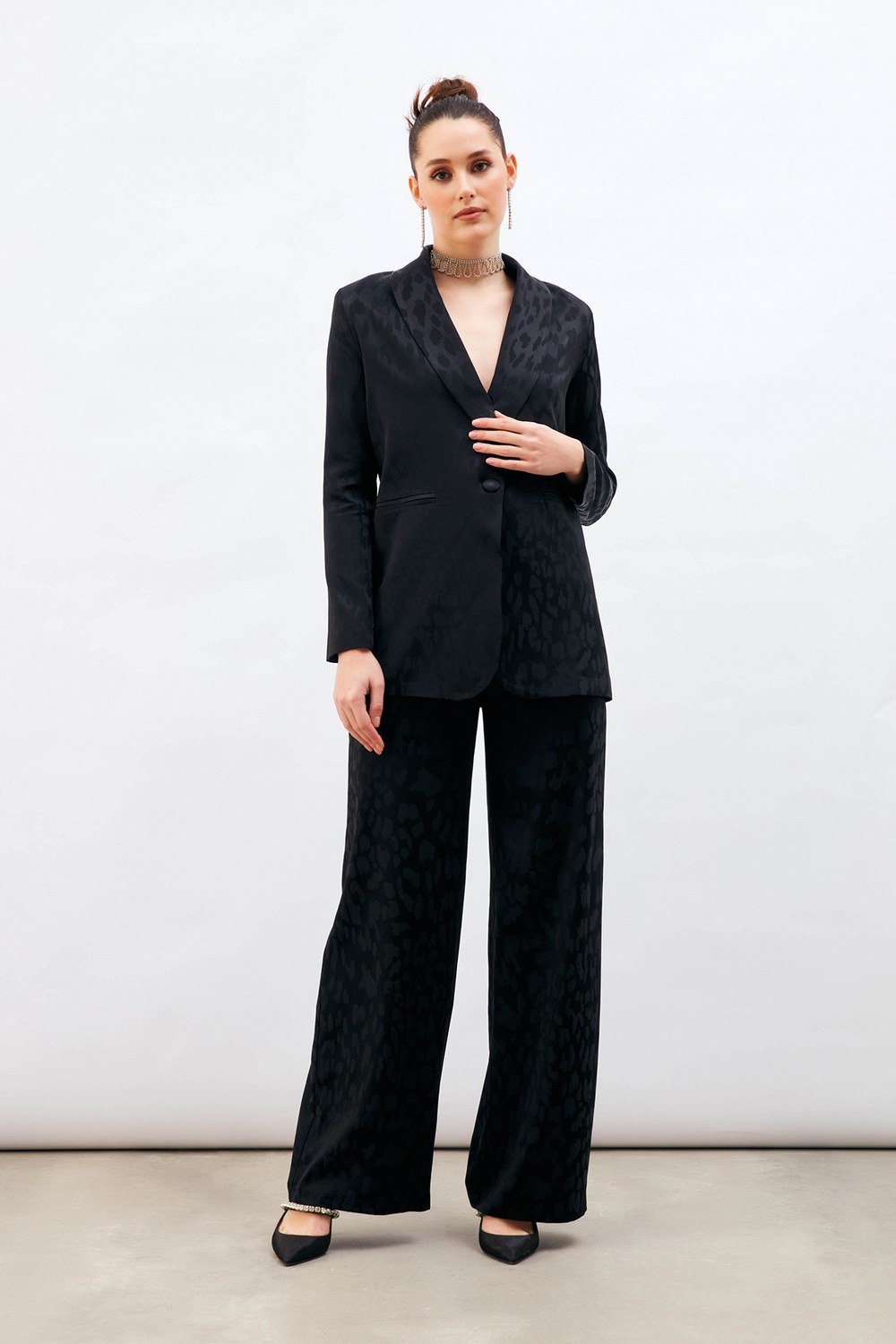 Desenli Saten Pantolon - Siyah