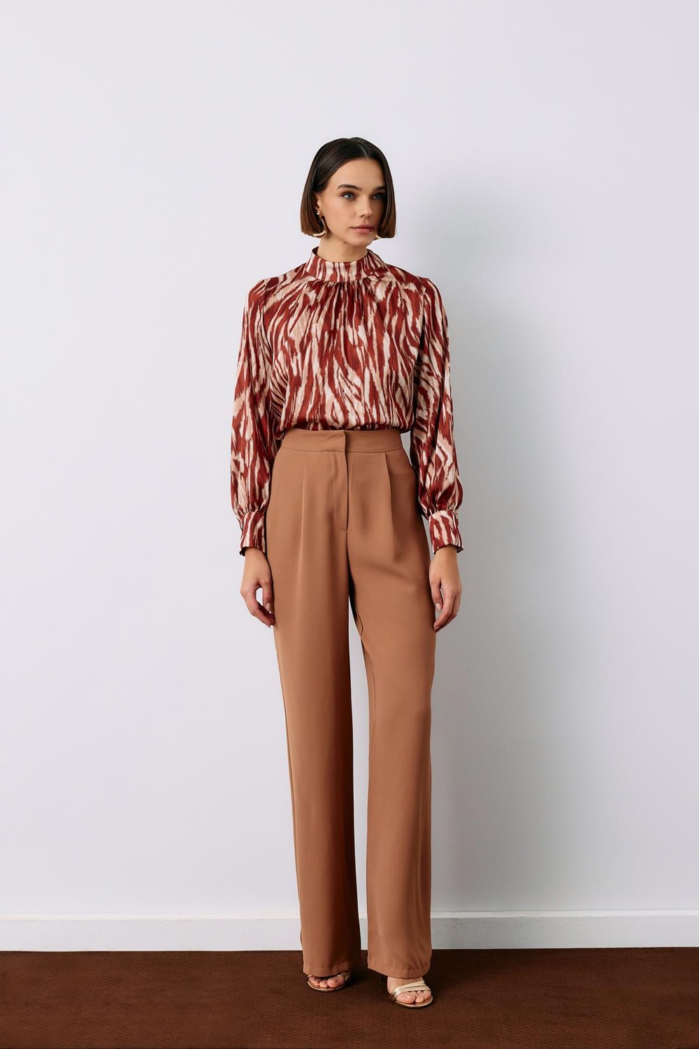Pileli Krep Pantolon - Camel
