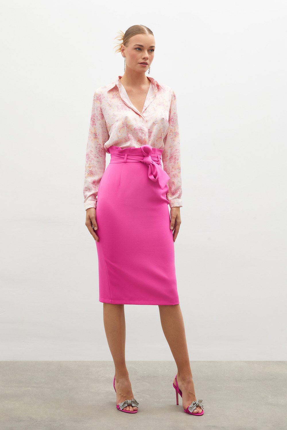 Kuşaklı Kalem Etek - Pembe