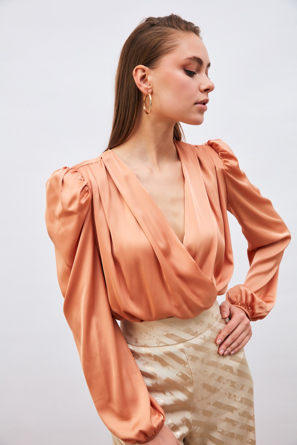 Kruvaze Saten Bodysuit Bluz - Somon