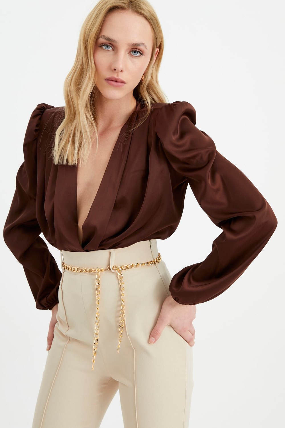 Kruvaze Saten Bodysuit Bluz - Koyu Kahve