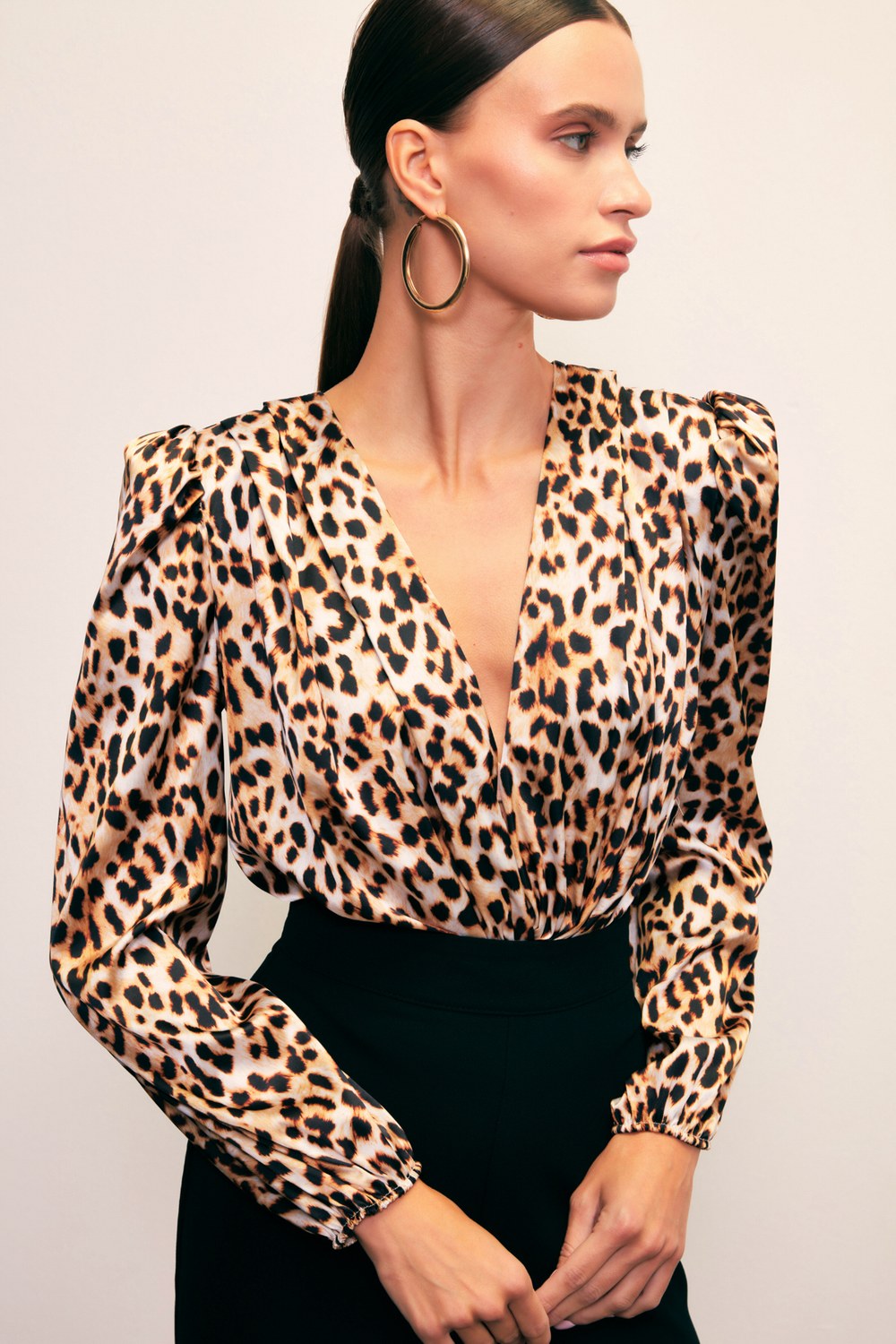 Kruvaze Leopar Desenli Bodysuit Bluz - Siyah-Kahve