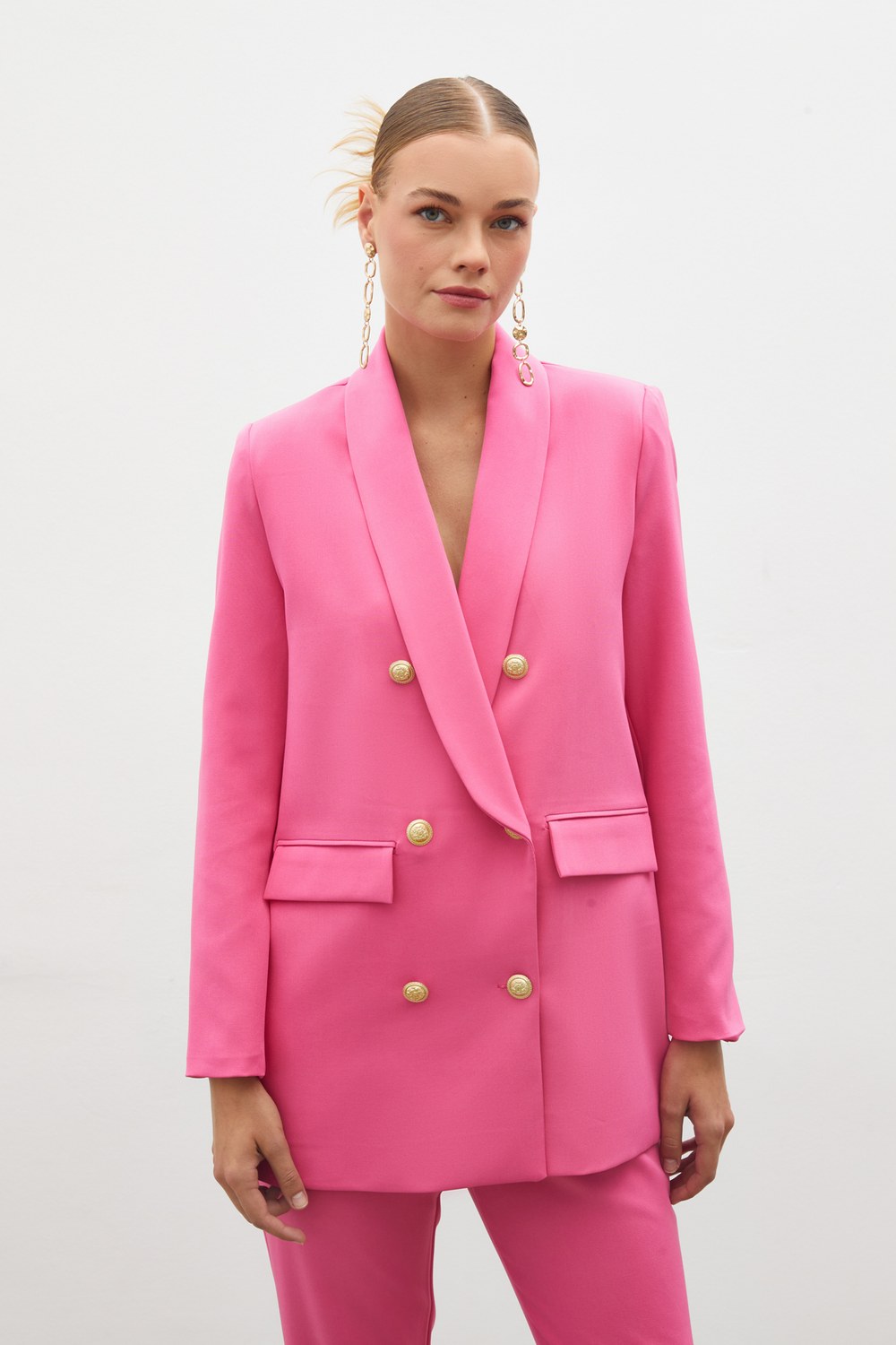 Düğme Detaylı Kruvaze Ceket - Pembe