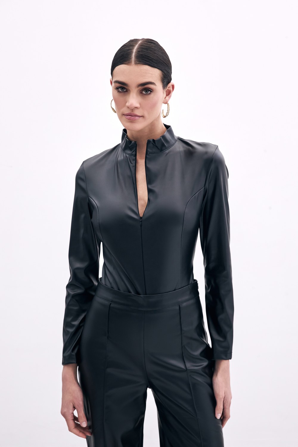 Fermuarlı Deri Bodysuit - Siyah