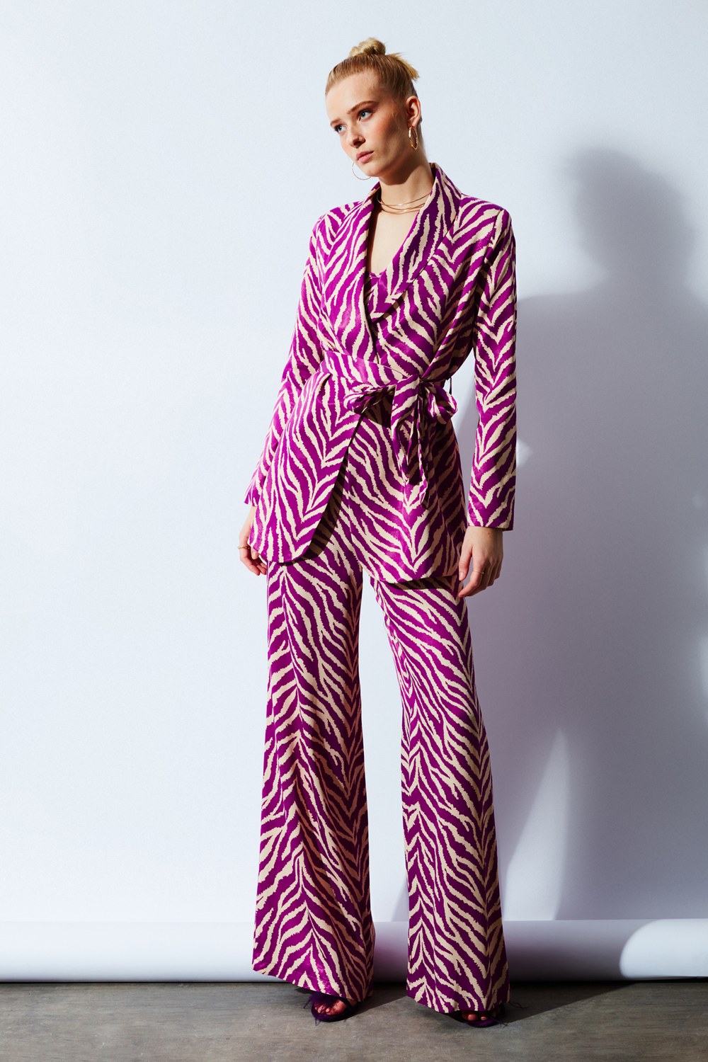 Zebra Desenli Saten Pantolon - Fuşya
