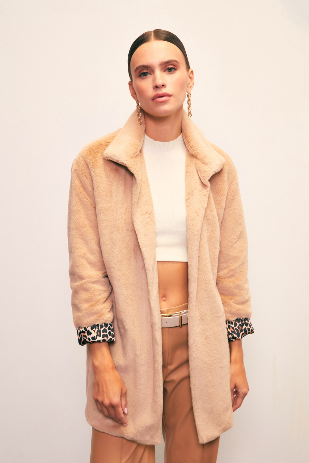 Leopar Astarlı Peluş Kaban - Vizon