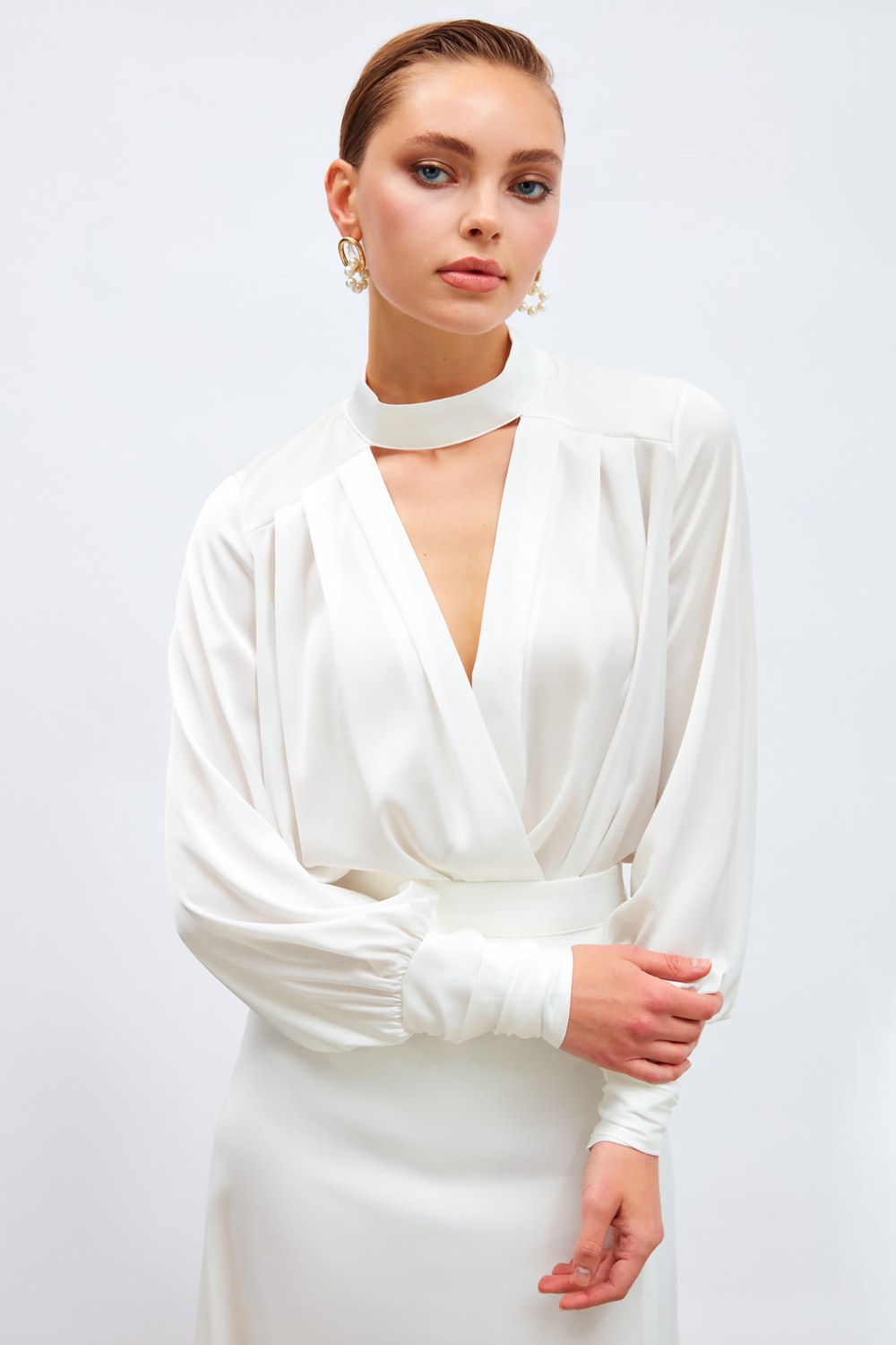 Drape Detaylı Bodysuit Bluz - Ekru