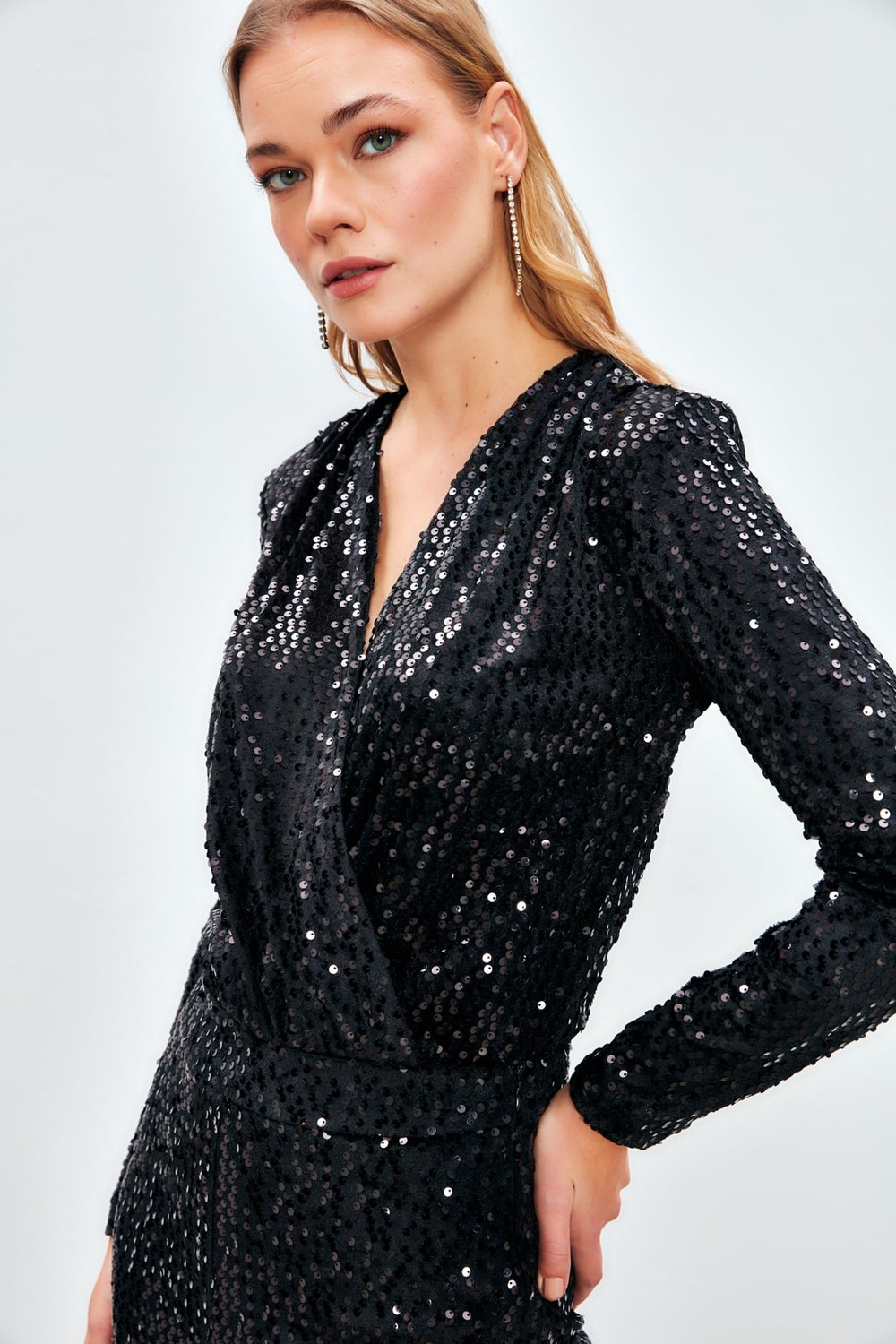 Pul Payetli Bodysuit Bluz - Siyah