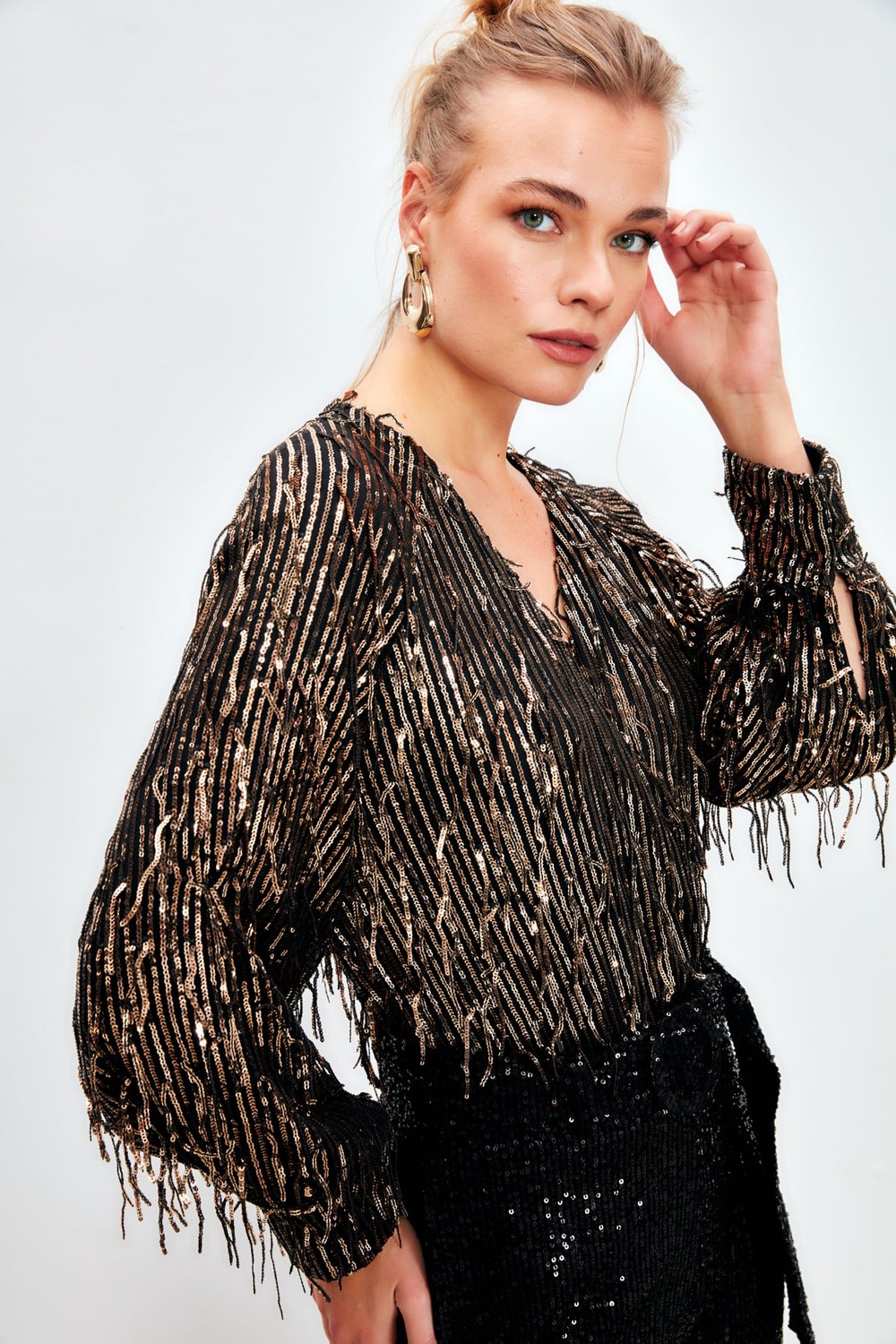 Kruvaze Payetli Bodysuit Bluz - Gold