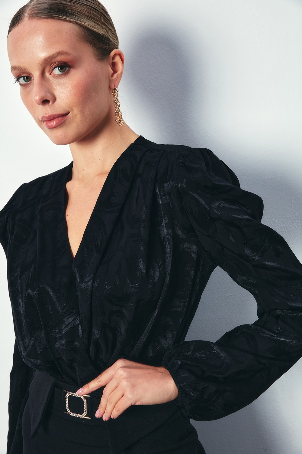 Desenli Kruvaze Bodysuit - Siyah