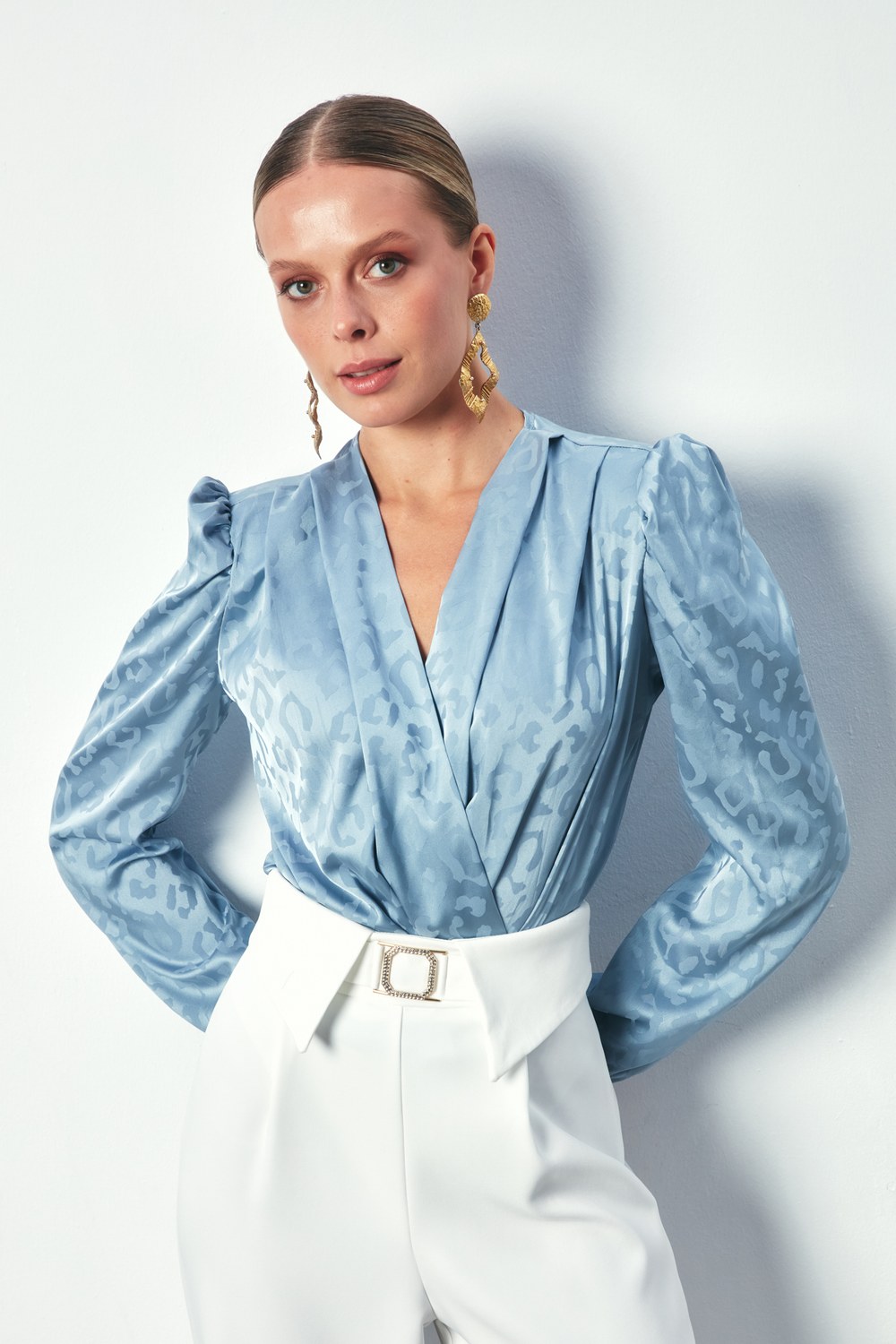 Kruvaze Desenli Bodysuit Bluz - Mavi