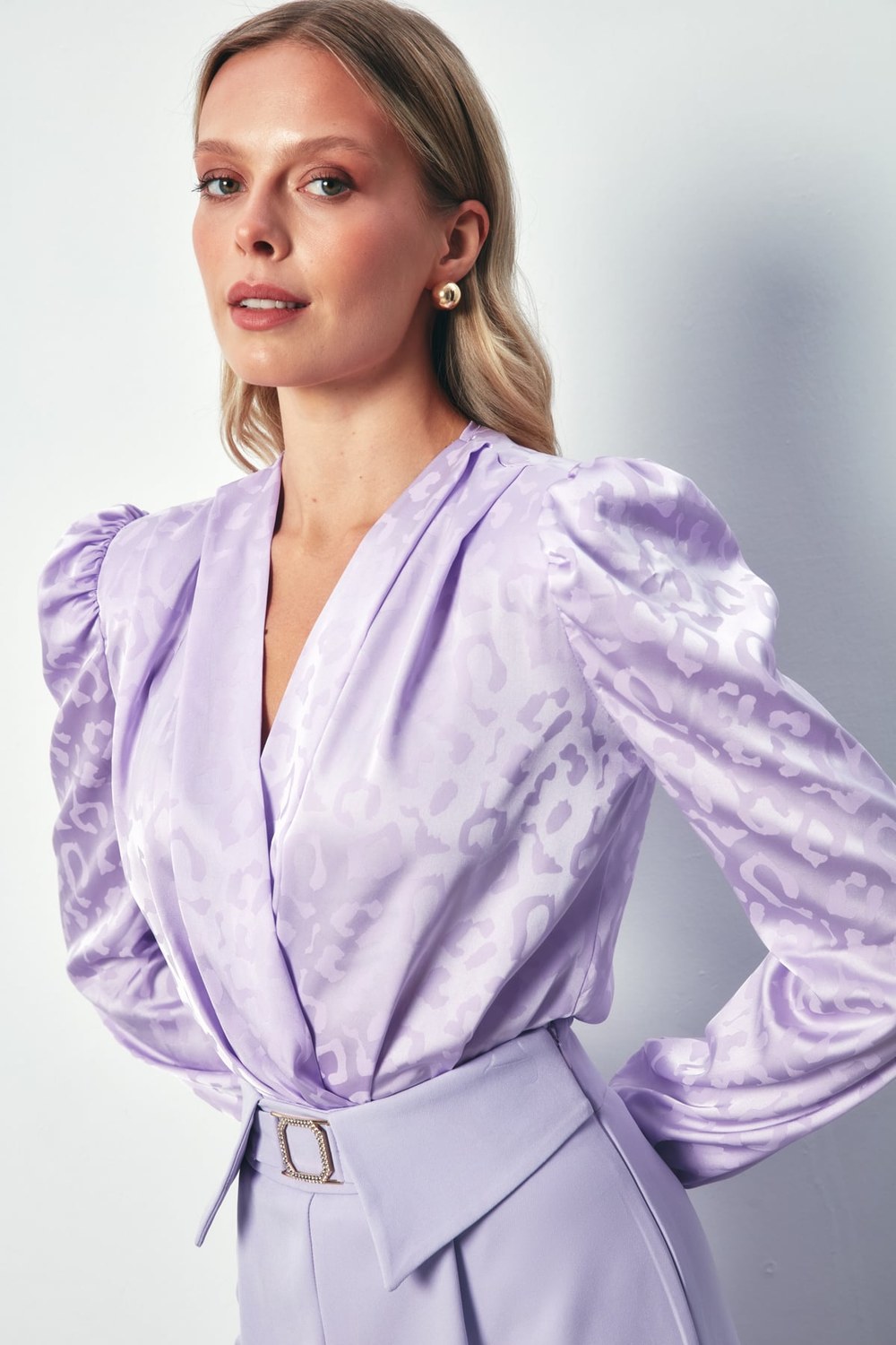 Kruvaze Desenli Bodysuit Bluz - Lila