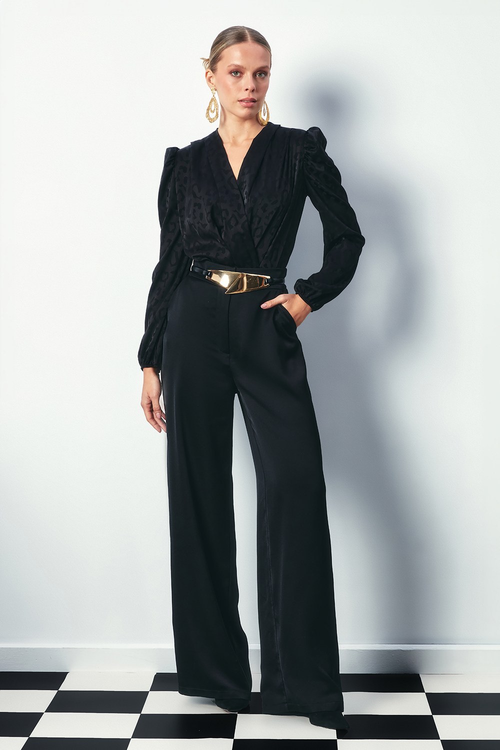 Kruvaze Desenli Bodysuit Bluz - Siyah