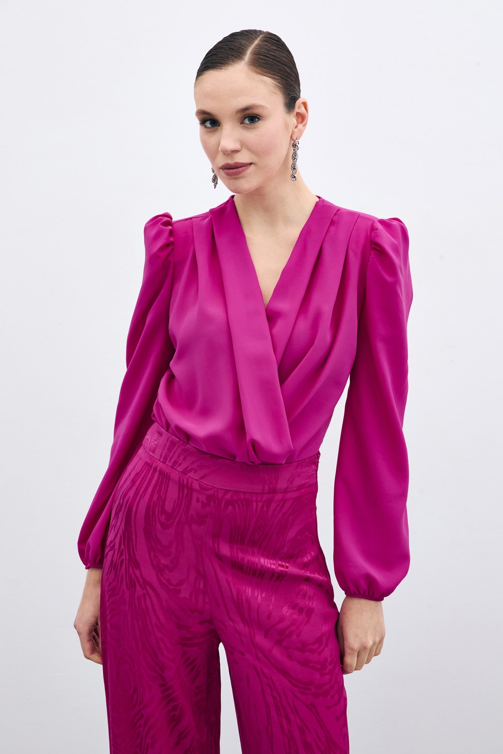 Kruvaze Vatkalı Bodysuit - Fuşya