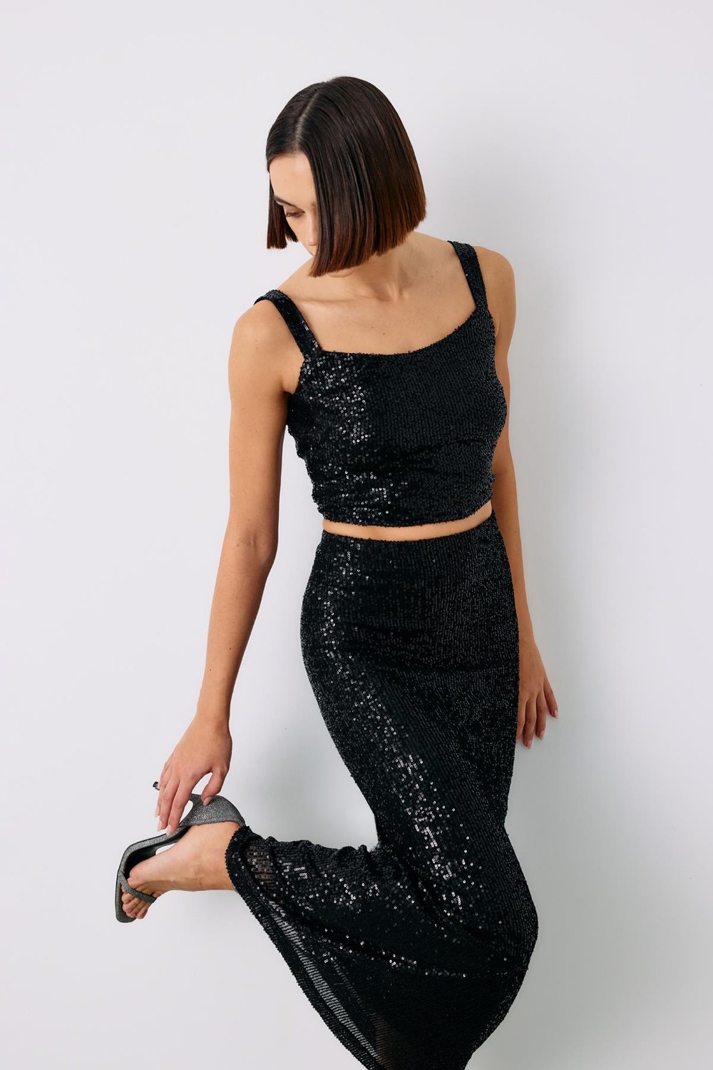 Payetli Crop Bluz - Siyah