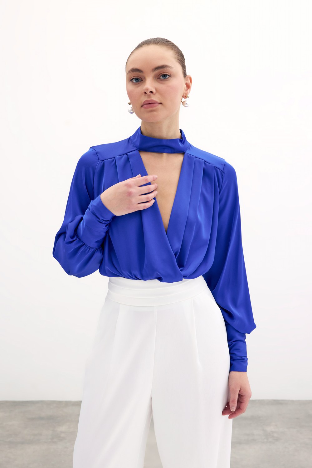 Drape Detaylı Bodysuit Bluz - Sax Mavi
