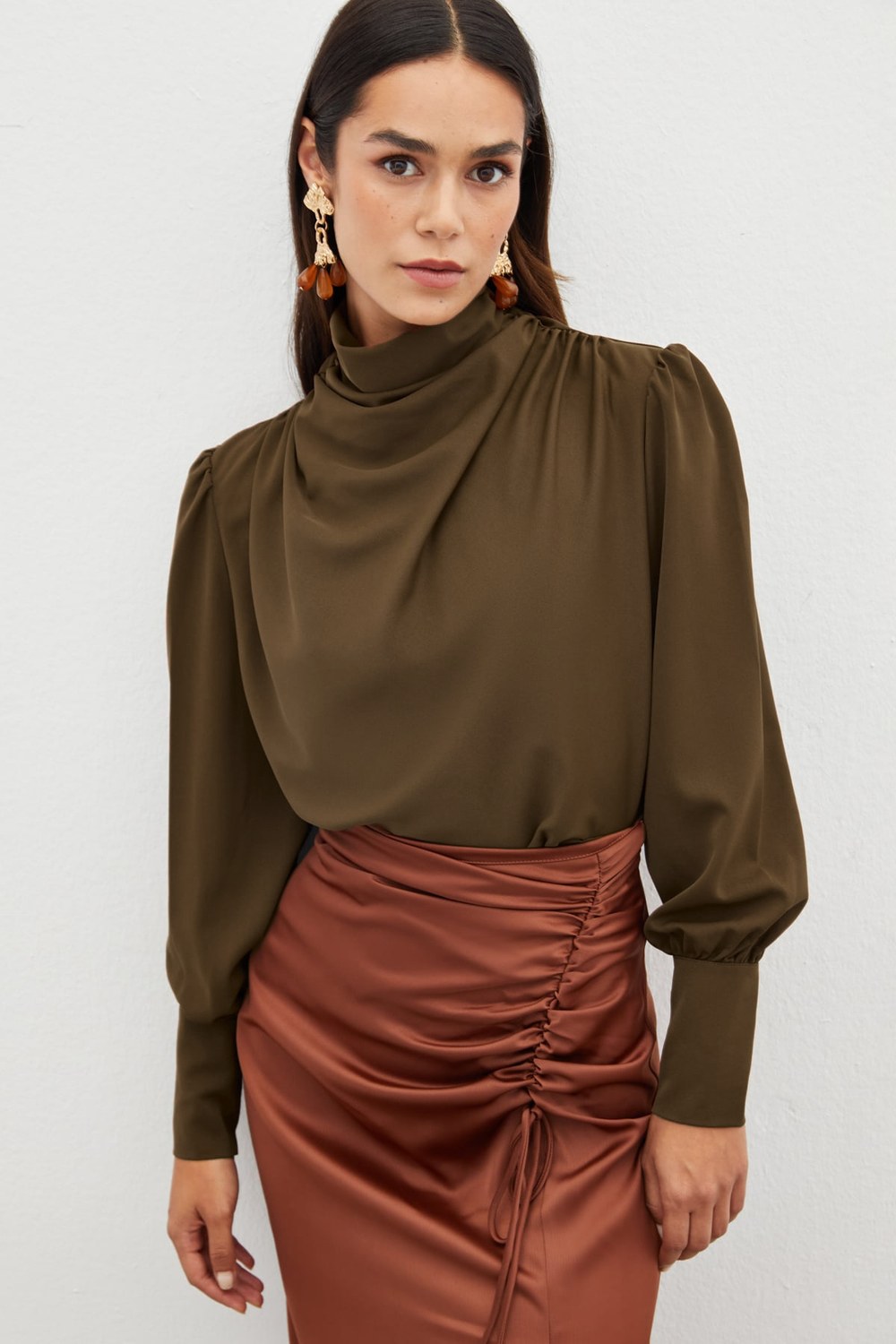 Drape Detaylı Bluz - Kahve
