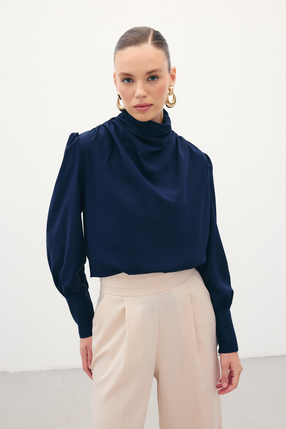 Drape Detaylı Bluz - Lacivert