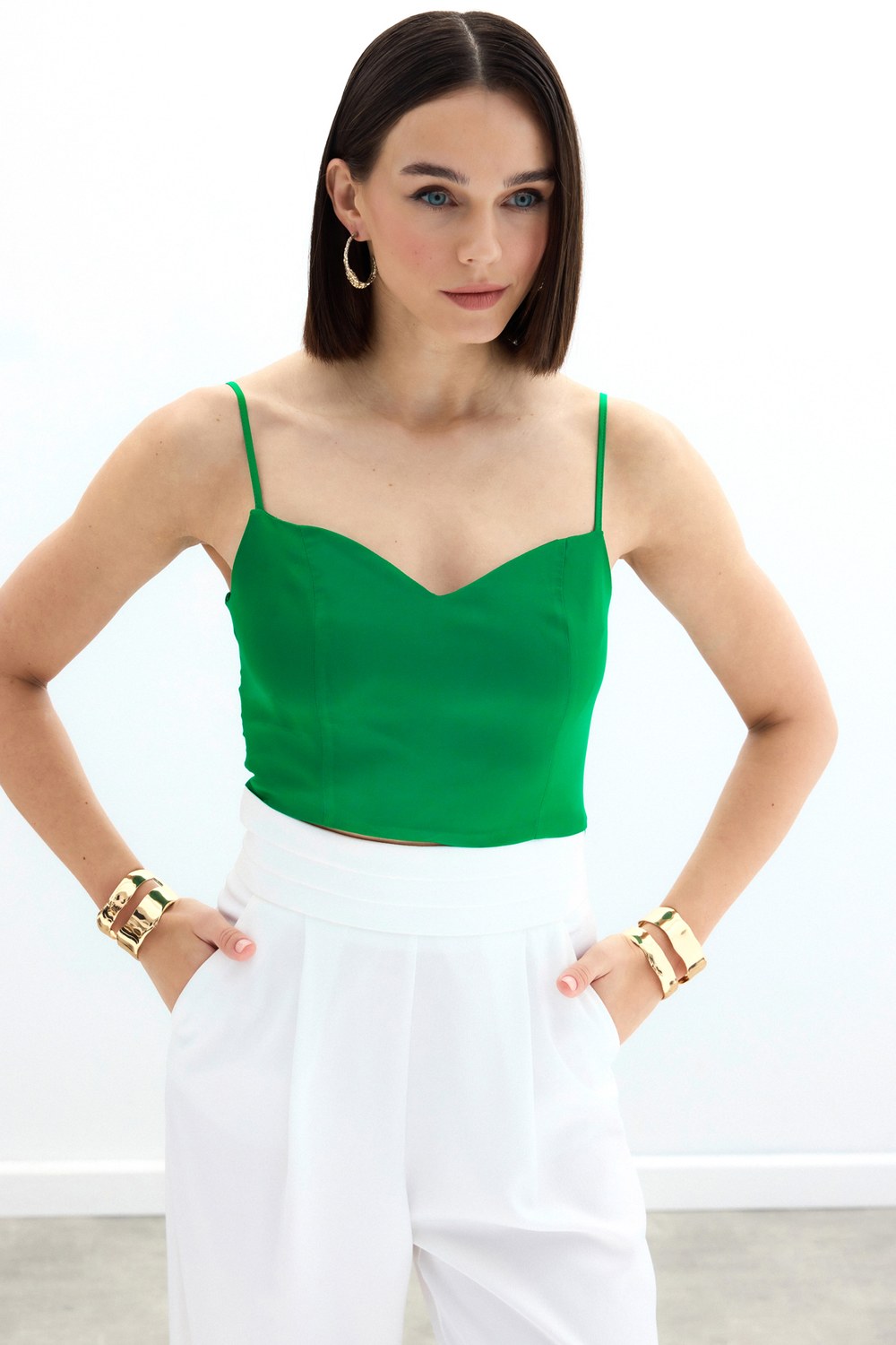 İp Askılı Saten Crop Bluz - Yeşil
