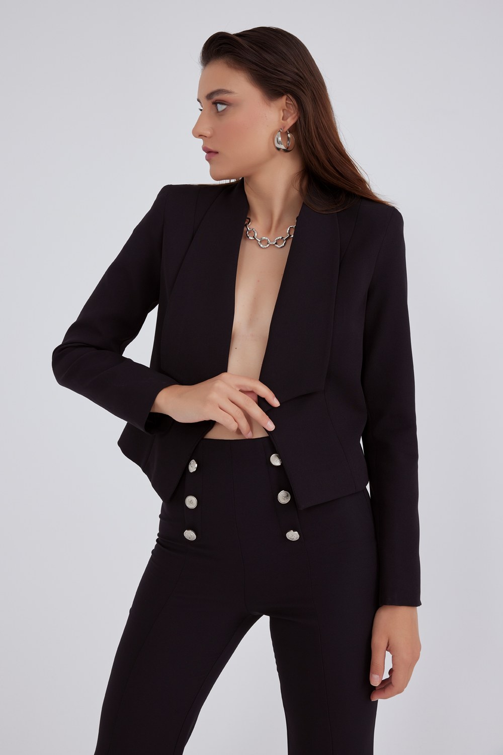 Şal Yaka Blazer Crop Ceket - Siyah