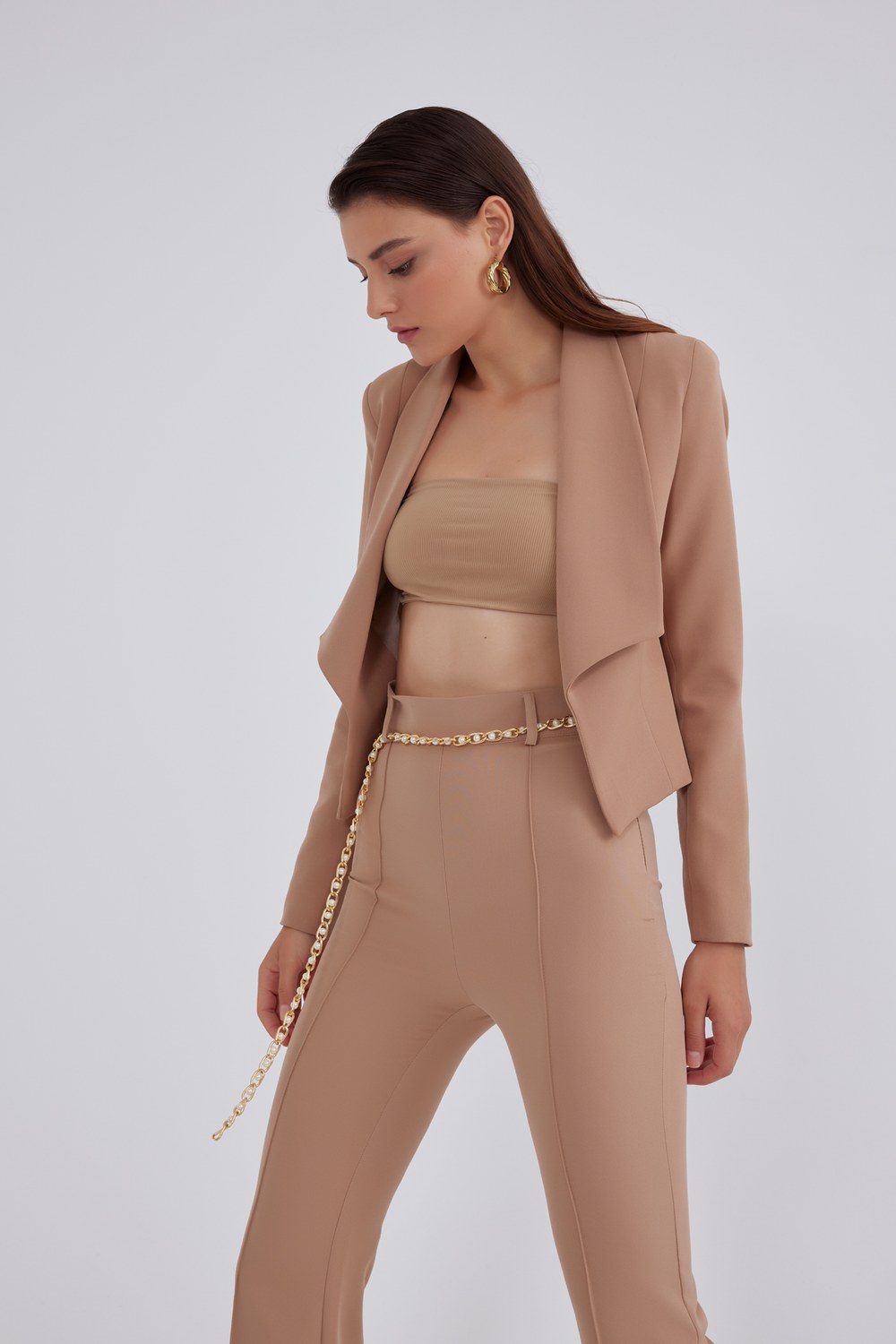 Şal Yaka Blazer Crop Ceket - Camel